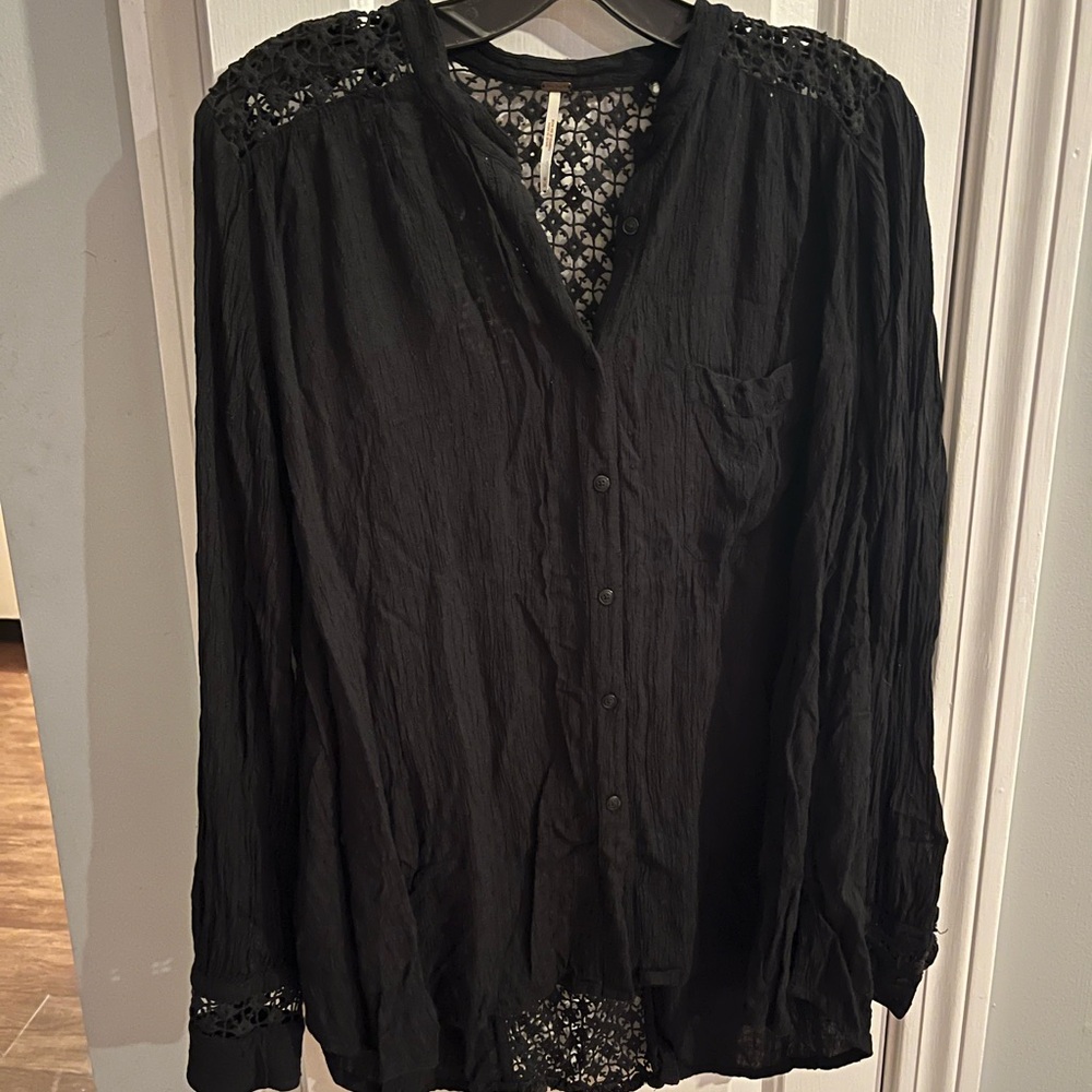 Free People Black Button Down Shirt with Lace Accents